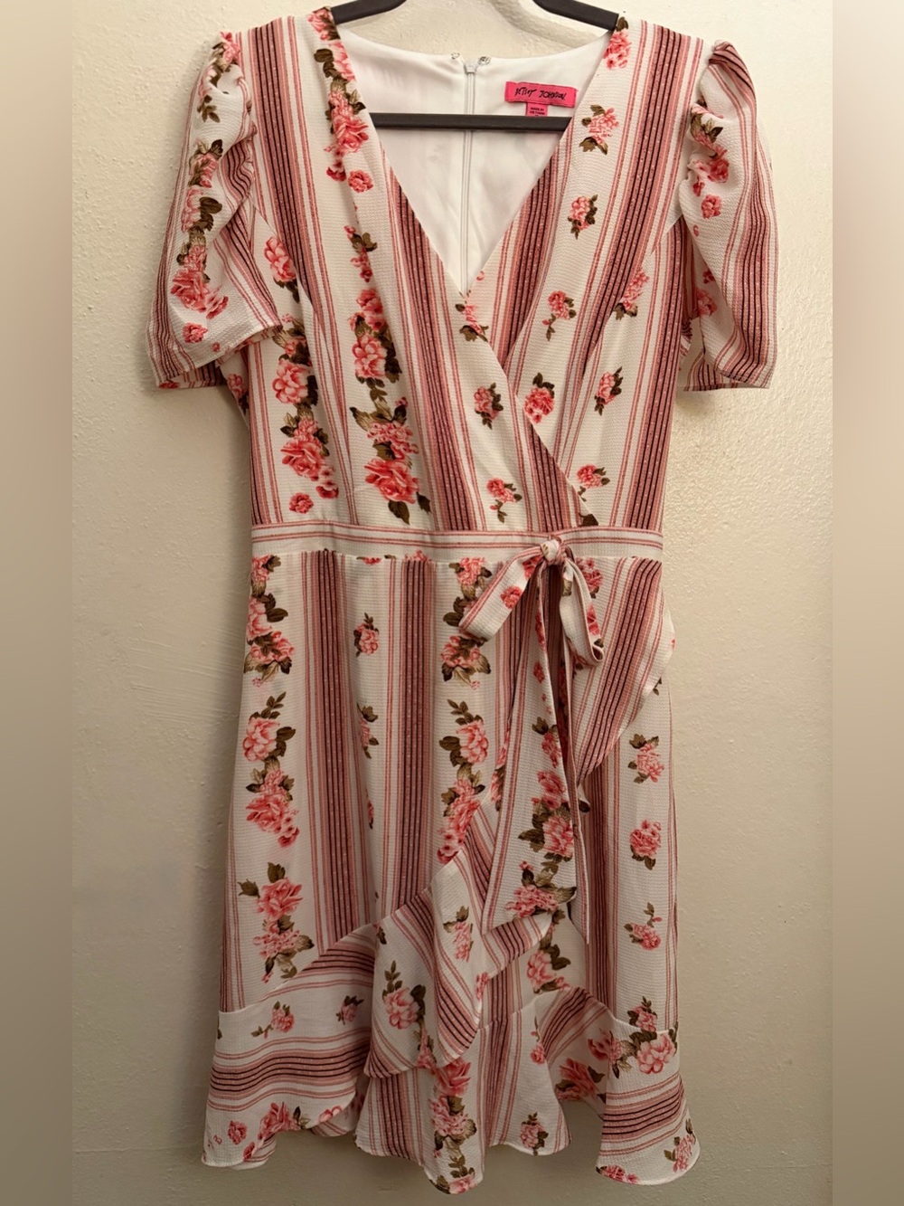 Betsy Johnson Floral Stripe Wrap Midi Dress in Pink